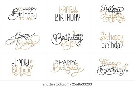 Collection of nine Happy Birthday Scripts. Black and Gold Outline Hand Drawn vector Decorations