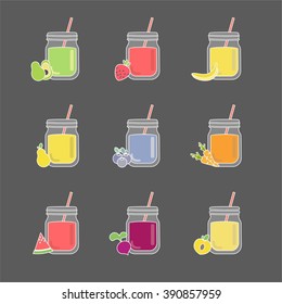 Collection of nine healthy fruit smoothies in flat black line style. Fresh juice for healthy life. Menu element for cafe, bar or restaurant. black bacriound, vegan set