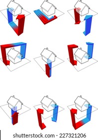 collection of nine heat pump diagrams: on example of detached house showing possibilities of usage of heat pump