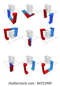 collection of nine heat pump diagrams: on example of a apartment house showing possibilities of usage of heat pump