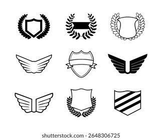 Coleção de nove escudo heráldico e emblemas de asa em silhueta preto e branco
