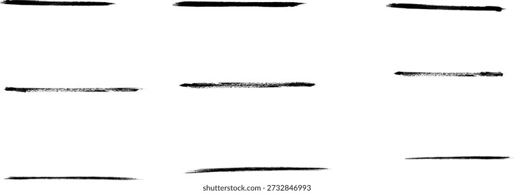 A collection of nine horizontal black smudge marks on a white background