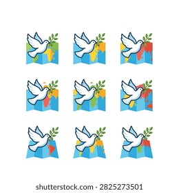A collection of nine icons featuring a white dove in flight holding an olive branch, superimposed over stylized representations of the world map.