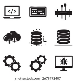 Una colección de nueve íconos que representan varios aspectos de la tecnología informática, incluida la codificación, bases de datos, redes, computación en la nube y depuración.