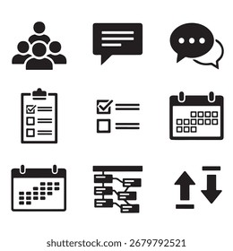 Una colección de nueve íconos que representan varios aspectos de la gestión de proyectos, incluyendo trabajo en equipo, comunicación, programación, gestión de tareas y flujo de trabajo.