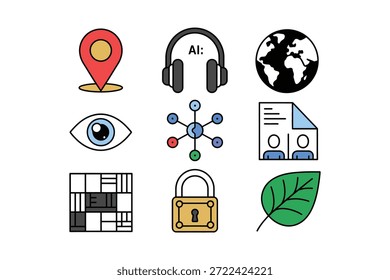 Sammlung von neun Symbolen, die verschiedene Konzepte repräsentieren, darunter Standort, KI, globale Konnektivität, Überwachung, Netzwerk, Teamarbeit, Datenschutz, Sicherheit und Ökologie.