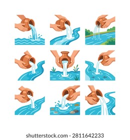 A collection of nine illustrations showing hands holding clay pots and pouring water into flowing rivers, depicting various water flow dynamics.