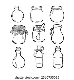 A collection of nine jars and bottles, each uniquely shaped and designed, some with ribbon and lids. The assortment showcases various styles and sizes. Vector illustration for decorate or any design.