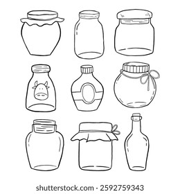 A collection of nine jars and bottles, each uniquely shaped and designed, some with labels and lids. The assortment showcases various styles and sizes, perfect for storing different items.