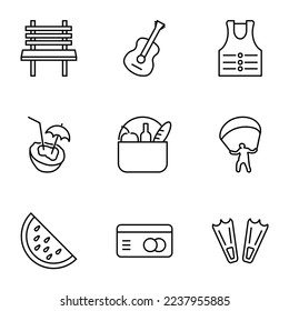 Collection of nine line icons of bench, guitar, life jacket, coconut cocktail, paragliding, watermelon, plastic card for shops, stores, adverts, apps, ui. Minimalistic editable strokes