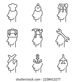Collection of nine line icons of chefs hat, timer, kitchen utensil, portfolio, tools, airplane, anchor for shops, stores, adverts, apps, ui. Minimalistic editable strokes