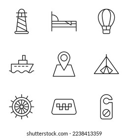 Collection of nine line icons of lighthouse, bed, balloon, ship, direction pointer, tent, taxi, hotel for shops, stores, adverts, apps, ui. Minimalistic editable strokes