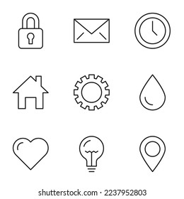 Colección de nueve íconos de línea de bloqueo, sobre, reloj, casa, equipo, gota, corazón, bombilla, señal geo para tiendas, tiendas, anuncios, aplicaciones, ui. trazos editables minimalistas