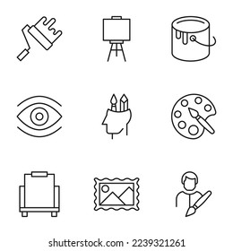 Collection of nine line icons of paint roller with dye, easel, bucket, eye, artist, painter, easel, picture for shops, stores, adverts, apps, ui. Minimalistic editable strokes