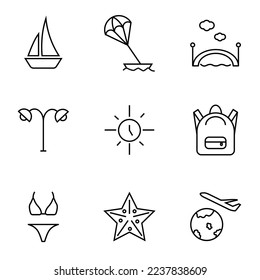 Collection of nine line icons of sail ship, parasailing, bridge, street lamp, sun, backpack, bikini, jellyfish, airplane for shops, stores, adverts, apps, ui. Minimalistic editable strokes