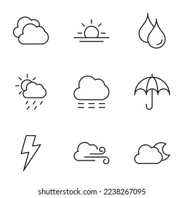 Collection of nine line icons of sun, rain, umbrella, lightning, wind for shops, stores, adverts, apps, ui. Minimalistic editable strokes