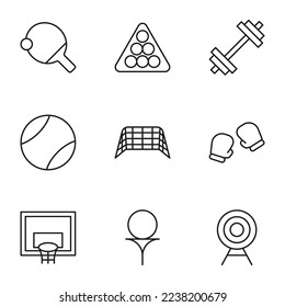 Collection of nine line icons of tennis rocket, billiard, weight, gloves, target for shops, store s, adverts, apps, ui. Minimalistic editable strokes