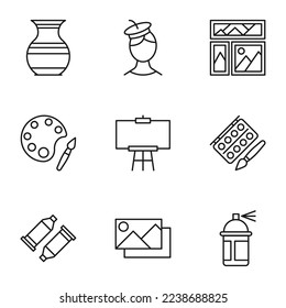 Collection of nine line icons of vase, artist, picture, dye, easel, balloon, picture for shops, stores, adverts, apps, ui. Minimalistic editable strokes