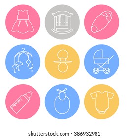 Collection of nine linear icons of necessary stuff for newborn baby in yellow, pink, blue and gray circles.