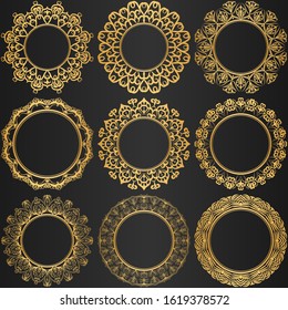 A collection of nine luxurious frames. Vector round gold frames for photos, paintings, illustrations, mirrors. The element of registration of a card, invitations, books. 