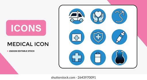 A collection of nine medical icons displayed in blue circles, featuring an ambulance, heart, and stethoscope.
