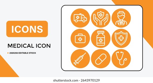 A collection of nine medical icons featuring an ambulance, doctor, stethoscope, syringe, and pill, all in orange circles.