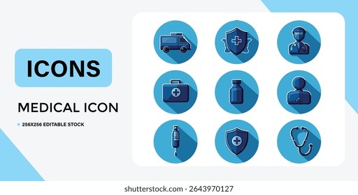A collection of nine medical icons on blue circles, including an ambulance, doctor, and first aid kit.