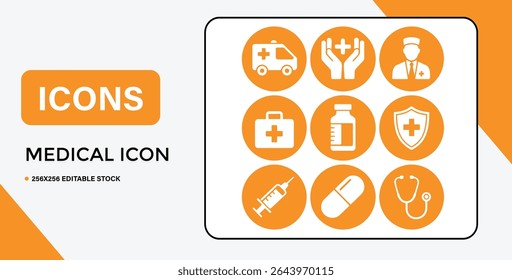 A collection of nine medical icons in orange circles, including ambulance, doctor, stethoscope, and other healthcare related symbols.