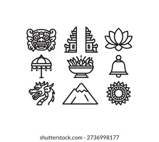A collection of nine minimalist black line icons depicting traditional Balinese cultural and religious symbols like Barong, Candi Bentar, and lotus.