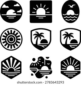 Collection of nine minimalist black vector icons depicting sunrises and sunsets over water with tropical elements