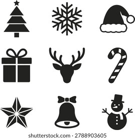 A collection of nine minimalist black vector icons representing various Christmas and winter holiday symbols including a tree snowflake santa hat gift reindeer candy cane star bell and snowman