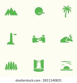 A collection of nine minimalist green vector icons representing various natural landscapes, including mountains, a palm tree, a lighthouse, and a waterfall.