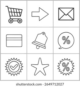 Een verzameling van negen minimalistische lijnpictogrammen gerangschikt in een drie-bij-drie raster. De pictogrammen omvatten een winkelwagentje, een pijl met de rechtermuisknop, een envelop, een creditcard
