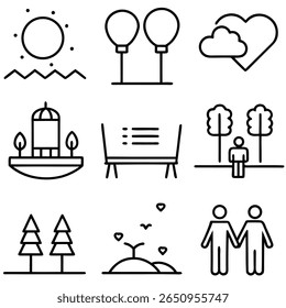 A collection of nine minimalist line icons on a white background. 