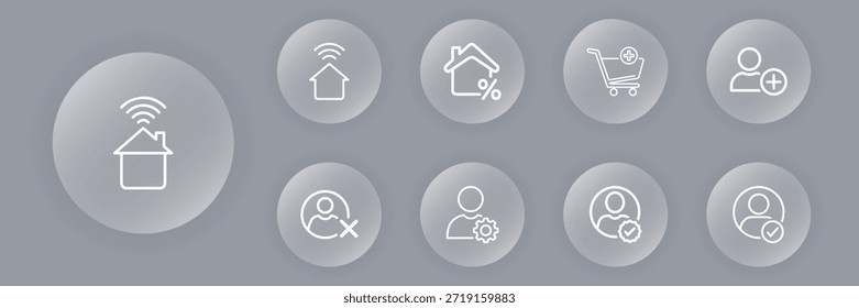 Uma coleção de nove ícones de vetor minimalistas representando casa inteligente, automação, eficiência energética