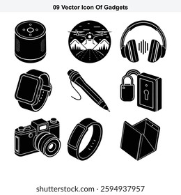 Collection of Nine Modern Gadget Icons in Black Silhouette Style