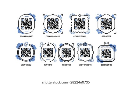 Collection of nine modern rounded QR code templates featuring abstract non-functional QR placeholders for information, mobile app download, WiFi connection, promotional offers, restaurant menu, online payment, event registration, website access, and customer contact. Clean flat vector design with rounded geometric frames and decorative elements, isolated on white background. Fully editable EPS illustration suitable for branding, retail, hospitality, marketing, and digital communication