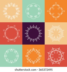 Collection of nine monograms. White on multicolor background. The geometry of the thematic lines, curves, intersections of lines, spiral elements of the same thickness.