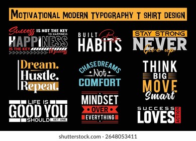 Collection of nine motivational typography t shirt designs with positive quotes