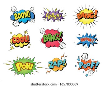 Collection of nine multicolored comic sound Effects. Vector cartoon explosions with different emotions
