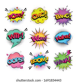 Collection of nine multicolored comic sound Effects