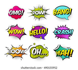 Collection Of Nine Multicolored Comic Sound Effects In Pop Art Vector Style. Bubble Speech With Word And Cartoon Halftone Expression Illustration.