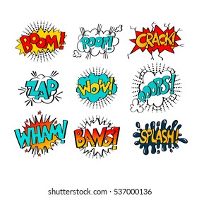 collection of nine multicolored comic sound effects in pop art style, bubble speech with word set, vector illustration eps10