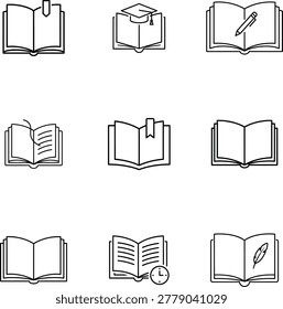Collection of nine open book icons with graduation cap, collection
