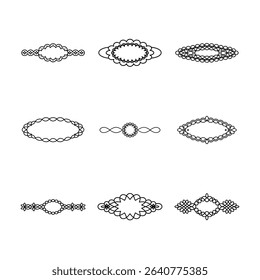 A collection of nine ornamental frame and divider designs in black outline, perfect for adding a touch of elegance.