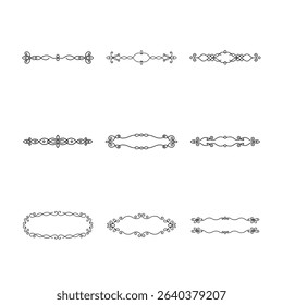 A collection of nine ornate, black and white decorative flourish dividers and frames.