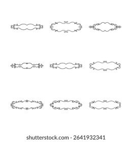A collection of nine ornate, black and white frames featuring swirls, curves, and decorative elements on a clean white backdrop.