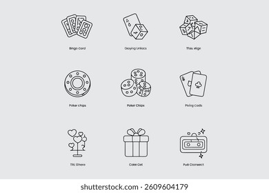 Collection Of Nine Outline Icon Vector Illustrations Gambling And Celebrations Theme