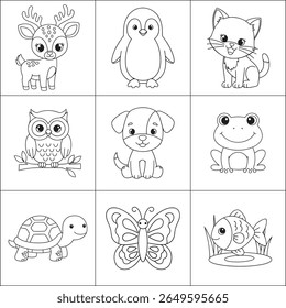 Collection of nine outlined cartoon animals in a grid for coloring or educational use
