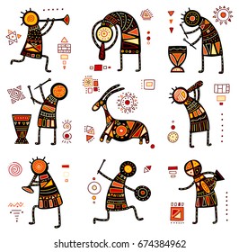 Collection of nine patterns with African ethnic ornaments with animal and dancing musicians of yellow, orange, black and red color. EPS8